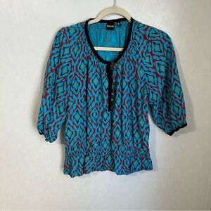 cruet Blue and Purple Puff 3/4 Sleeve Smocked Blouse Gathered Neckline and Waist